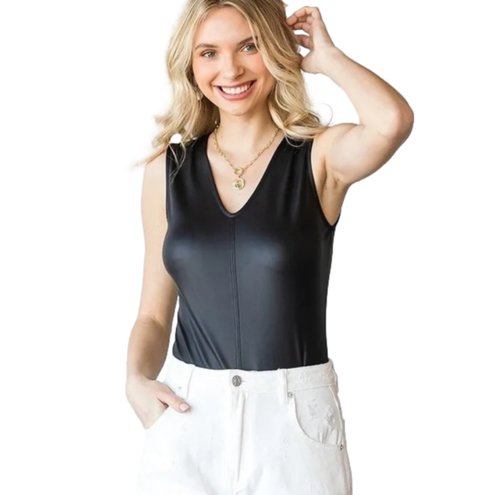 First Love Faux Leather Bodysuit Small NWT Sleeveless V-Neck Black Sleek Edgy - Picture 1 of 4